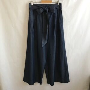 Tibi High Rise Wide Leg Bow Belted Cotton Culottes Pants 10 Blue Crop Pleated